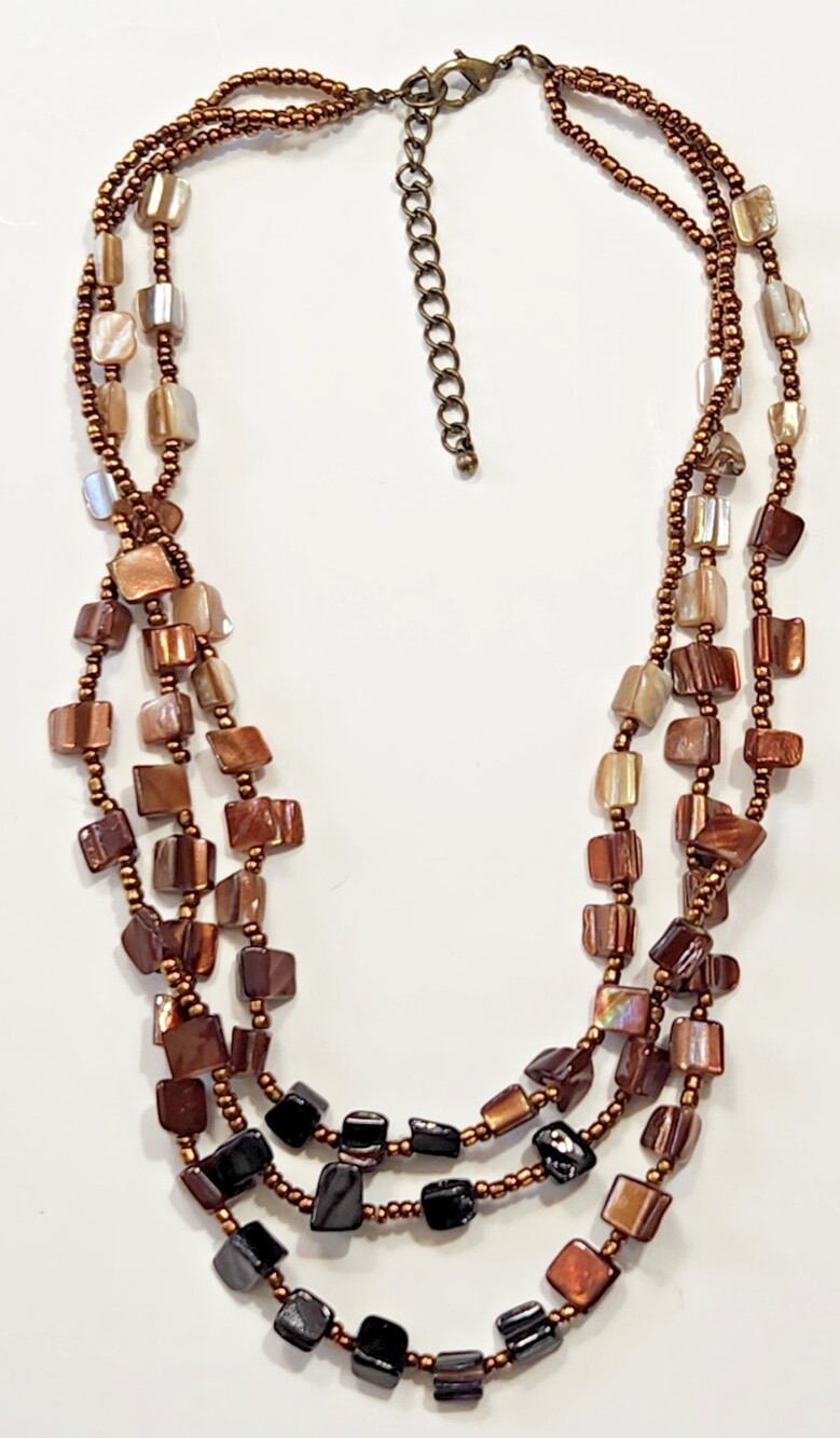 Shell Seed Bead 3 Layer Necklace Bronzetone Brown Black Iridescent Midnight Sea